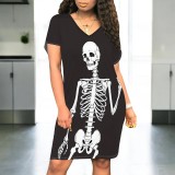 1 Piece Custom Halloween Print V Neck Midi Dresses