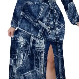 1 Piece Custom Casual Print Long Sleeve V Neck Plus Size Maxi Dresses