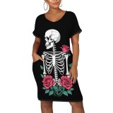 1 Piece Custom Halloween Print V Neck Midi Dresses