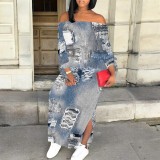 1 Piece Custom Autumn Print Long Sleeve Off Shoulder Maxi Dresses