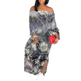 1 Piece Custom Autumn Print Long Sleeve Off Shoulder Maxi Dresses