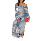 1 Piece Custom Autumn Print Long Sleeve Off Shoulder Maxi Dresses