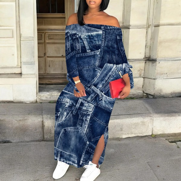 1 Piece Custom Autumn Print Long Sleeve Off Shoulder Maxi Dresses