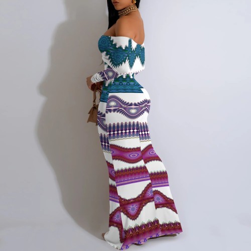 1 Piece Custom Casual Print Off Shoulder Long Dresses