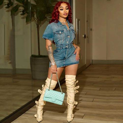 Sexy Elastic Single-breasted Lapel Denim Bodycon Dress