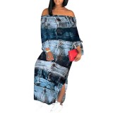 1 Piece Custom Autumn Print Long Sleeve Off Shoulder Maxi Dresses