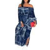 1 Piece Custom Autumn Print Long Sleeve Off Shoulder Maxi Dresses