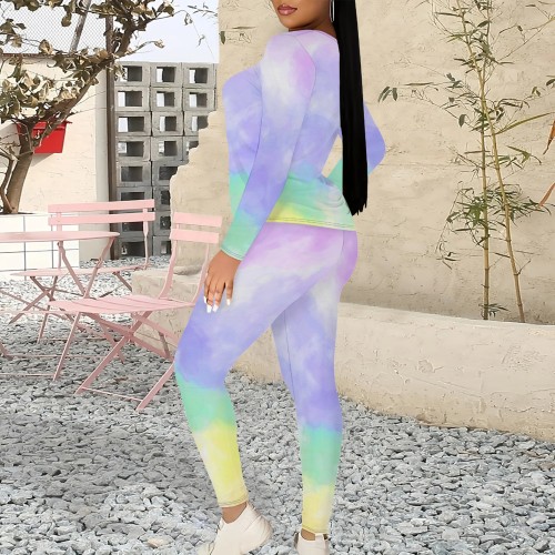 1 Piece Custom Autumn Tie-dye Print Long Sleeve Casual Set