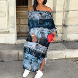 1 Piece Custom Autumn Print Long Sleeve Off Shoulder Maxi Dresses