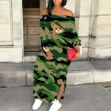 1 Piece Custom Autumn Print Long Sleeve Off Shoulder Maxi Dresses