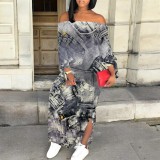 1 Piece Custom Autumn Print Long Sleeve Off Shoulder Maxi Dresses