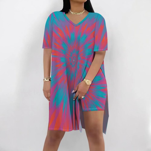 1 Piece Custom Casual Tie-dye Print Slit Short Set
