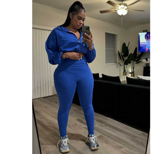 Casual Zipper Drawstring Crop Tops & High Waist Sweatpants