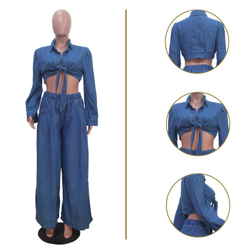Casual Wide Leg Pants Denim Two Piece Set
