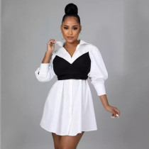 Street Buckle Patchwork Strap Design Contrast Turndown Collar A Line Dresses