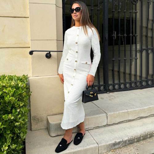 Elegant Solid Color Buckle Patchwork Knitted O Neck Long Dresses