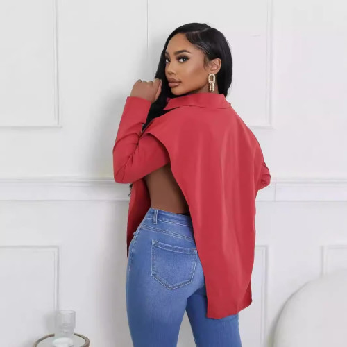 Casual Turndown Collar Long Sleeve Buckle Irregular Hem Tops