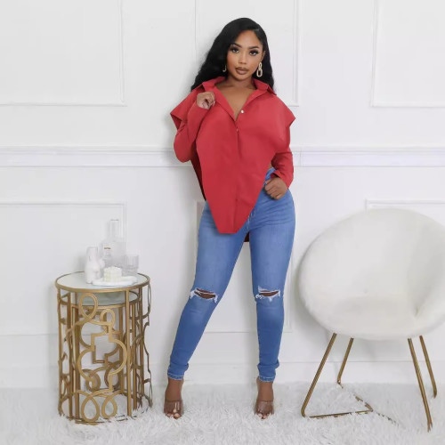 Casual Turndown Collar Long Sleeve Buckle Irregular Hem Tops