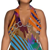 1 Piece Custom Autumn Print Halter Backless Jumpsuits