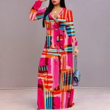 1 Piece Custom Autumn Print V Neck Long Sleeve Maxi Dresses