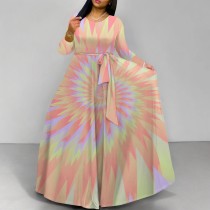 1 Piece Custom Autumn Print Tie-dye Long Sleeve Maxi Dresses