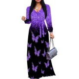 1 Piece Custom Autumn Print V Neck Long Sleeve Maxi Dresses