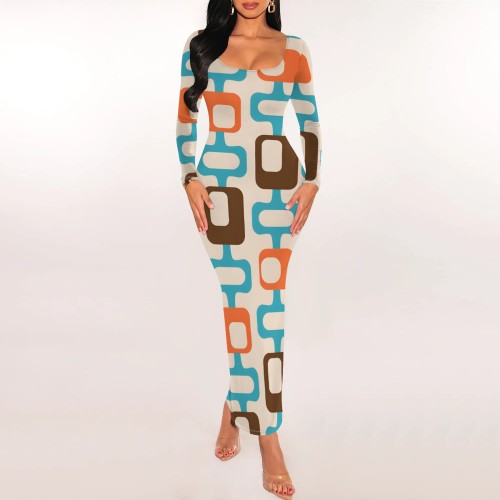 1 Piece Custom Autumn Print Long Sleeve Maxi Dresses