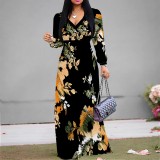 1 Piece Custom Autumn Print V Neck Long Sleeve Maxi Dresses