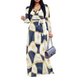 1 Piece Custom Autumn Print V Neck Long Sleeve Maxi Dresses