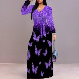 1 Piece Custom Autumn Print V Neck Long Sleeve Maxi Dresses