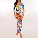 1 Piece Custom Autumn Print Long Sleeve Maxi Dresses