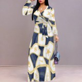 1 Piece Custom Autumn Print V Neck Long Sleeve Maxi Dresses