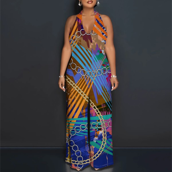 1 Piece Custom Autumn Print Halter Backless Jumpsuits