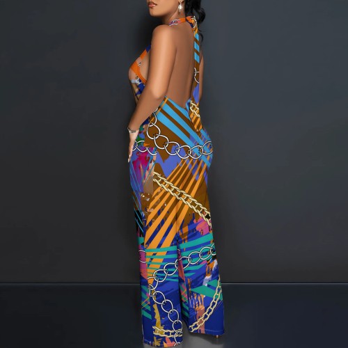 1 Piece Custom Autumn Print Halter Backless Jumpsuits