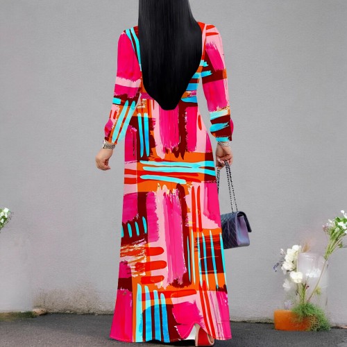 1 Piece Custom Autumn Print V Neck Long Sleeve Maxi Dresses