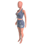 Skirt Set Fashion Cross Embroidery Stretch Denim Two-Piece Set