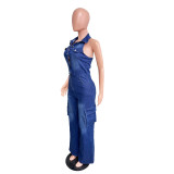 Thigh High Elastic Washed Straight Denim Jumpsuit