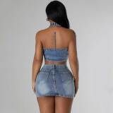 Skirt Set Fashion Cross Embroidery Stretch Denim Two-Piece Set