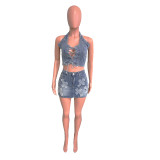 Skirt Set Fashion Cross Embroidery Stretch Denim Two-Piece Set