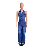 Thigh High Elastic Washed Straight Denim Jumpsuit
