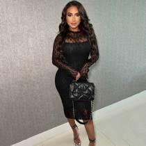 (Pre Order 10/9) Solid Lace Patchwork Sexy Slim Midi Bodycon Dress