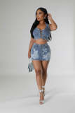 Skirt Set Fashion Cross Embroidery Stretch Denim Two-Piece Set