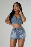 Skirt Set Fashion Cross Embroidery Stretch Denim Two-Piece Set