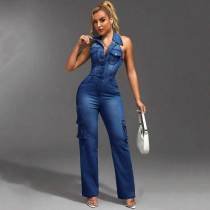 Thigh High Elastic Washed Straight Denim Jumpsuit