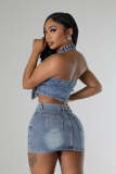 Skirt Set Fashion Cross Embroidery Stretch Denim Two-Piece Set