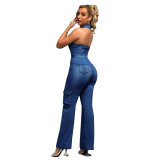 Thigh High Elastic Washed Straight Denim Jumpsuit