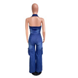 Thigh High Elastic Washed Straight Denim Jumpsuit