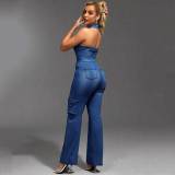 Thigh High Elastic Washed Straight Denim Jumpsuit