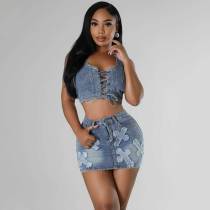 Skirt Set Fashion Cross Embroidery Stretch Denim Two-Piece Set