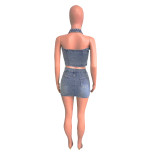 Skirt Set Fashion Cross Embroidery Stretch Denim Two-Piece Set